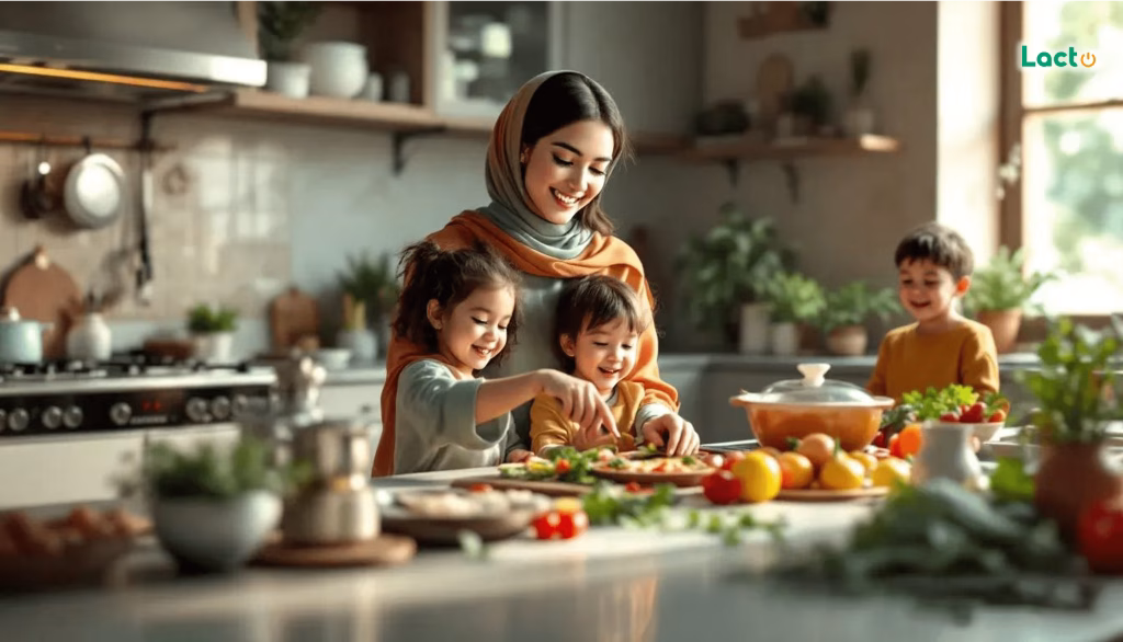 خانواده در آشپزخانه در حال تهیه غذای غنی شده برای سلامتی بچه ها