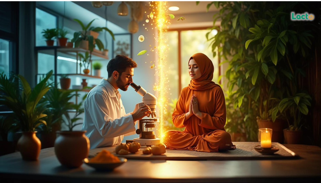یک زن در حال مدیتیشن در کنار دانشمند که در حال تحقیق در مورد داروهای گیاهی آیورودا است