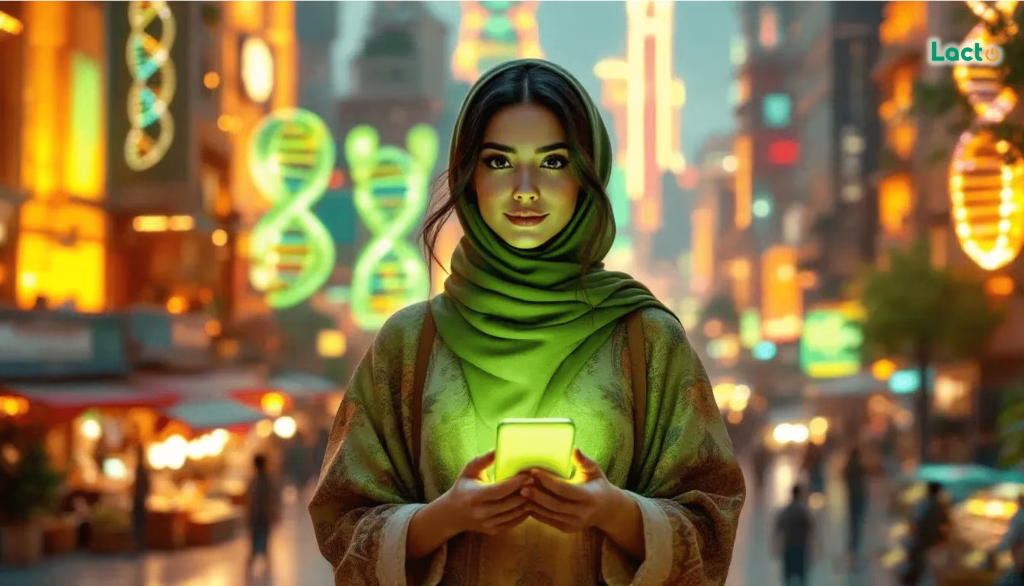 زن در آینده در حال دیدن نقشه دی ان ای با تکنولوژی بالا که راهنمای ژنتیکی برای کشف استعدادهای پنهان است