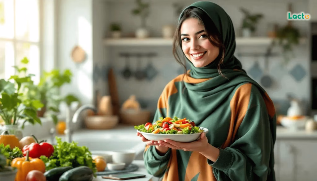 زن در حال نشان دادن کاسه سالاد برای بهبود گوارش با کمک میکروبیوم روده