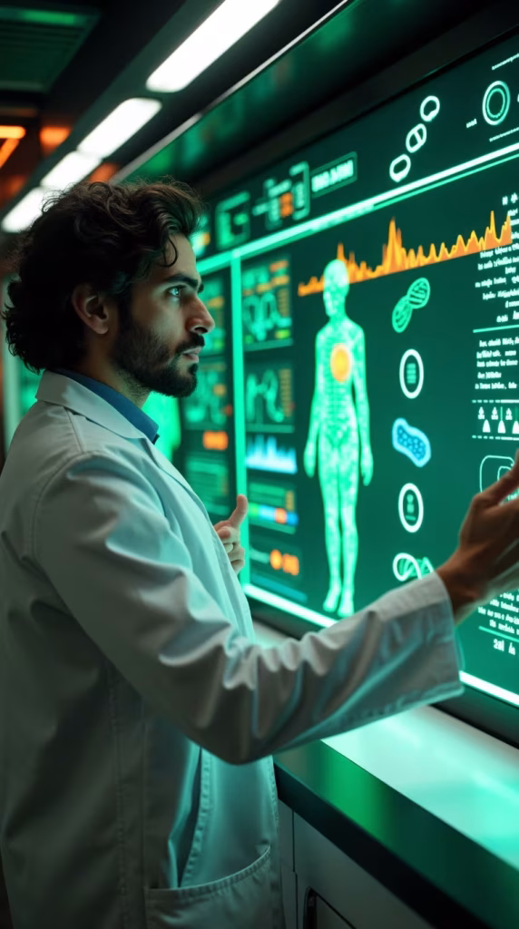 دانشمند در آزمایشگاه در حال تحلیل داده‌های میکروبیوم بر روی صفحه نمایش بزرگ