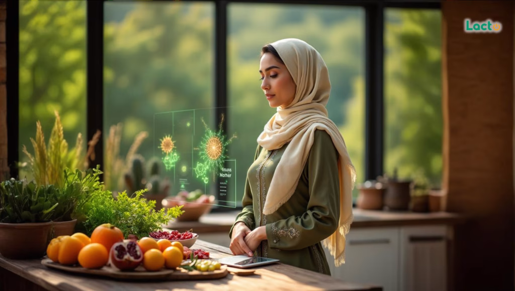 زن در آشپزخانه در حال نگاه کردن به هولوگرام باکتری های میکروبیوم برای درک تاثیرات آن بر خلق و خو