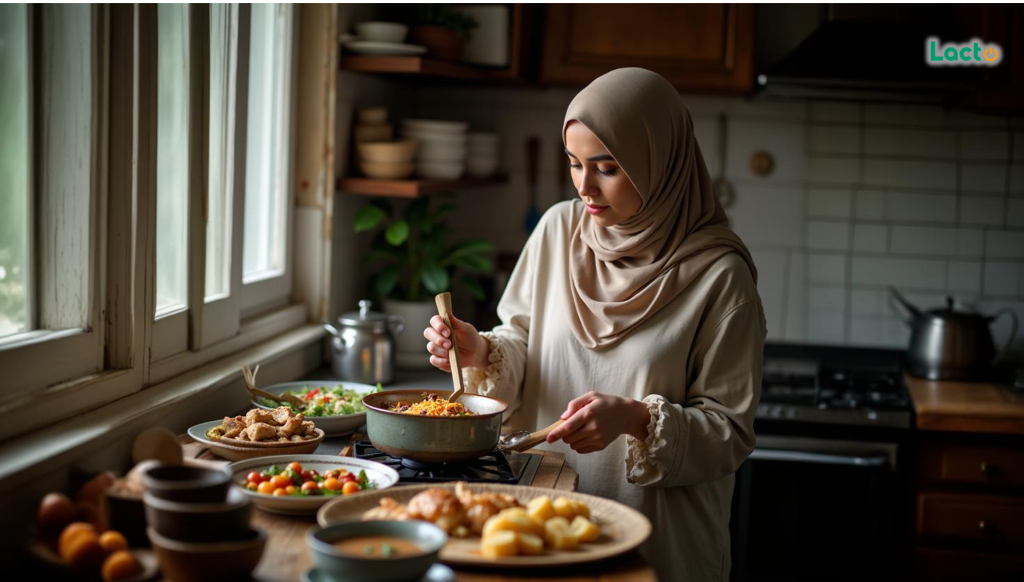 زن در آشپزخانه مشغول پختن غذای افطار برای ماه رمضان است با لبخند و انرژی و خوشحالی
