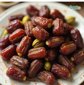 بشقاب خرمای مغزدار لذیذ به همراه پسته برای پذیرایی در عید نوروز بدون اضافه وزن