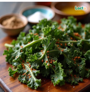 چیپس کلم روی تخته چوبی در کنار ترکیبات مختلف برای طعم دادن