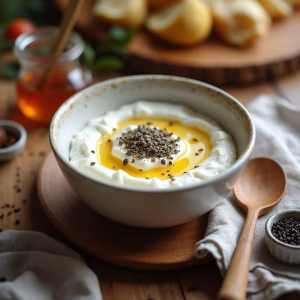 کاسه ماست یونانی با سیاه دانه و عسل روی میز چوبی برای کنترل قند خون