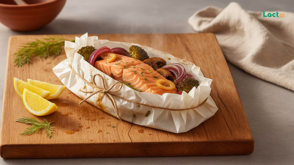 آشپزی با لاکتو – سالمون گریل شده در کاغذ: لطافت و طعم در اوج سلامت
